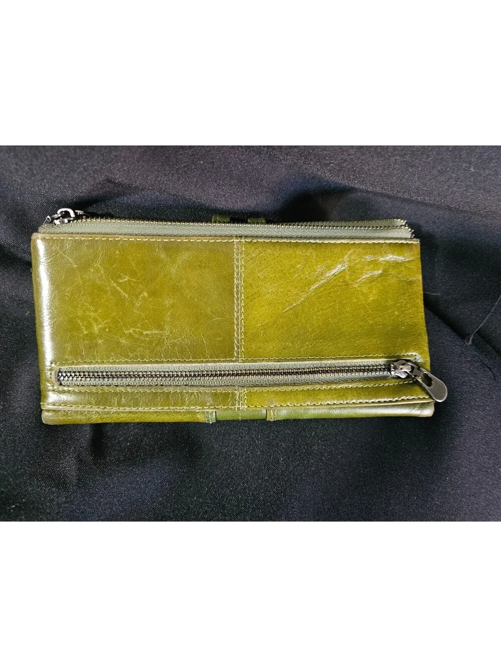 VTG Roulens Green Zip-Around Folding Wallet with ID Window Photo Holder Leather